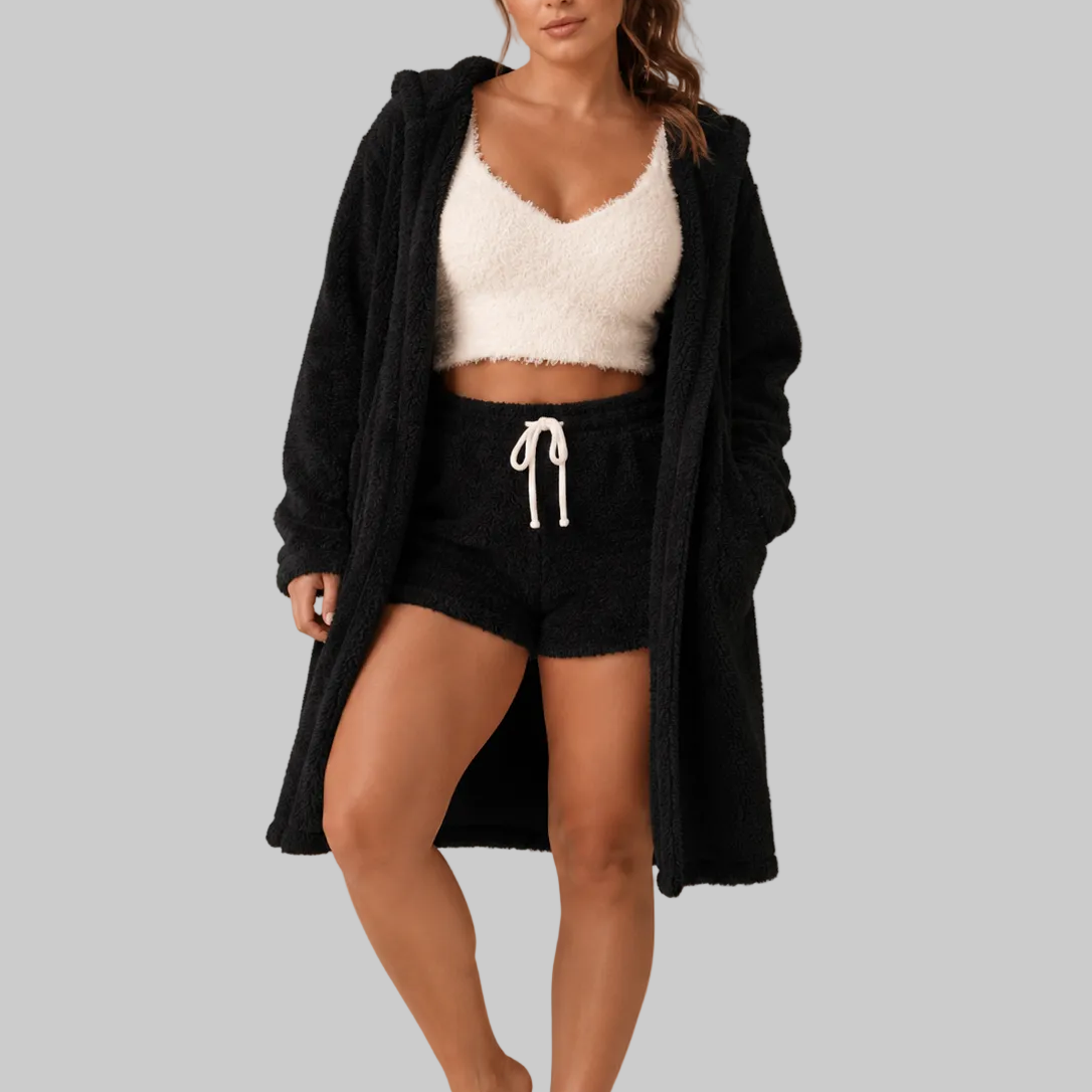 Women’s Plush Pyjama Set with Camisole, Shorts and Hooded Robe — view 1