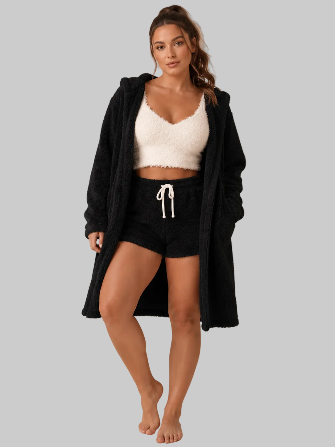Women’s Plush Pyjama Set with Camisole, Shorts and Hooded Robe — view 1