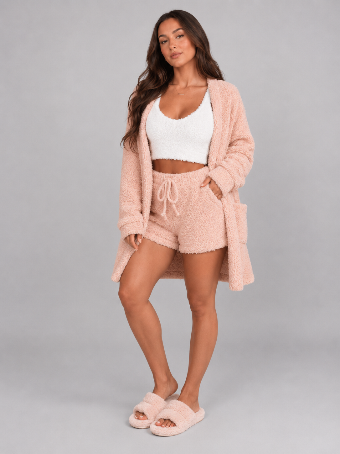 Women’s Plush Pyjama Set with Camisole, Shorts and Hooded Robe — view 5
