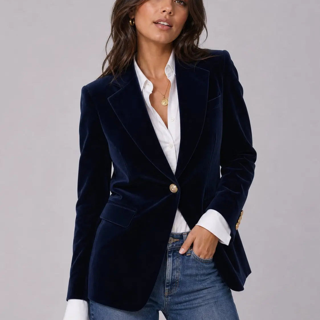 Women's Slim-Fit Velvet Blazer with Gold-Tone Buttons — view 1