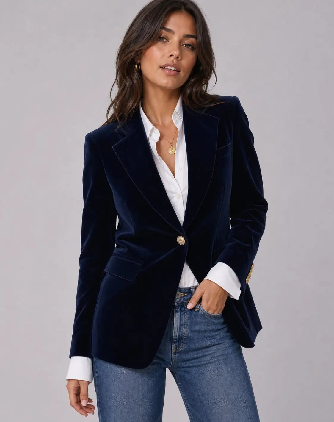 Women's Slim-Fit Velvet Blazer with Gold-Tone Buttons — view 1