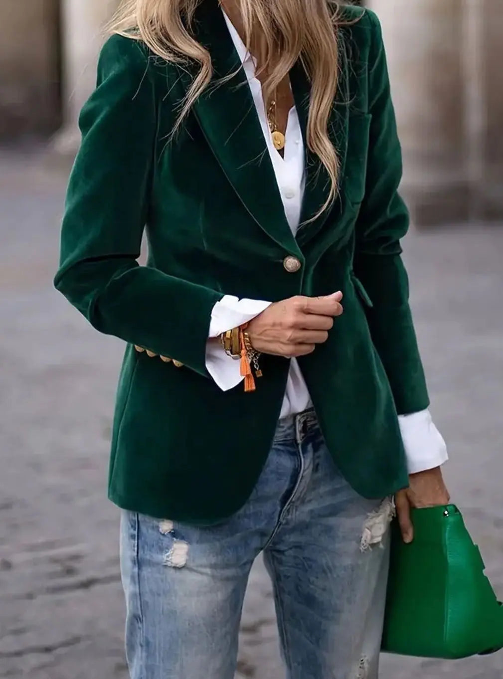 Women's Slim-Fit Velvet Blazer with Gold-Tone Buttons — view 2
