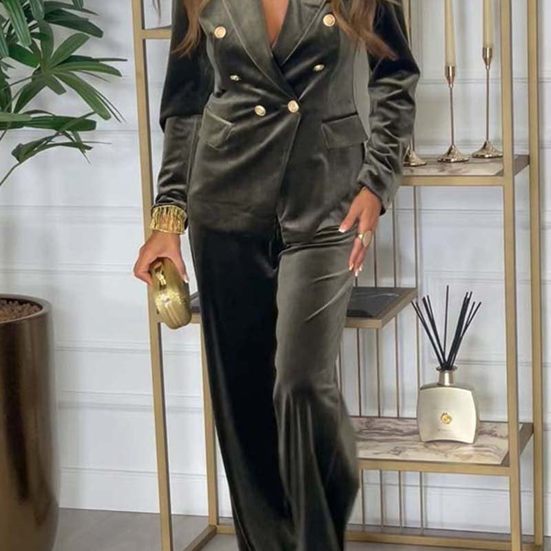Women’s Velvet Double-Breasted Blazer and Wide-Leg Trousers Suit — view 1