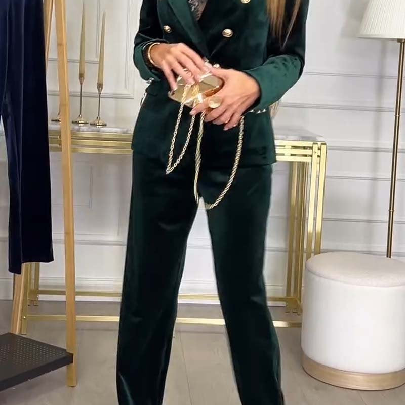 Women’s Velvet Double-Breasted Blazer and Wide-Leg Trousers Suit — view 3