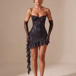 Sequin Mini Dress with Sweetheart Neckline and Ruffle Hem — view 1