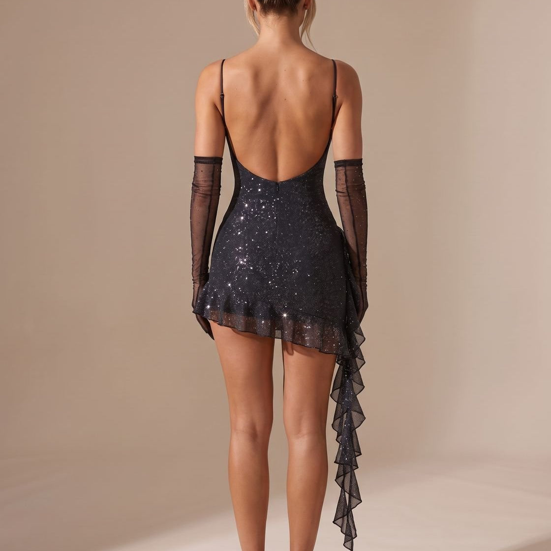 Sequin Mini Dress with Sweetheart Neckline and Ruffle Hem — view 4