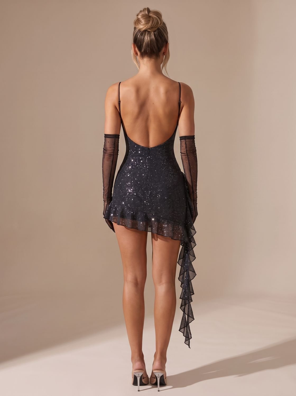Sequin Mini Dress with Sweetheart Neckline and Ruffle Hem — view 4