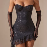 Sequin Mini Dress with Sweetheart Neckline and Ruffle Hem — view 6