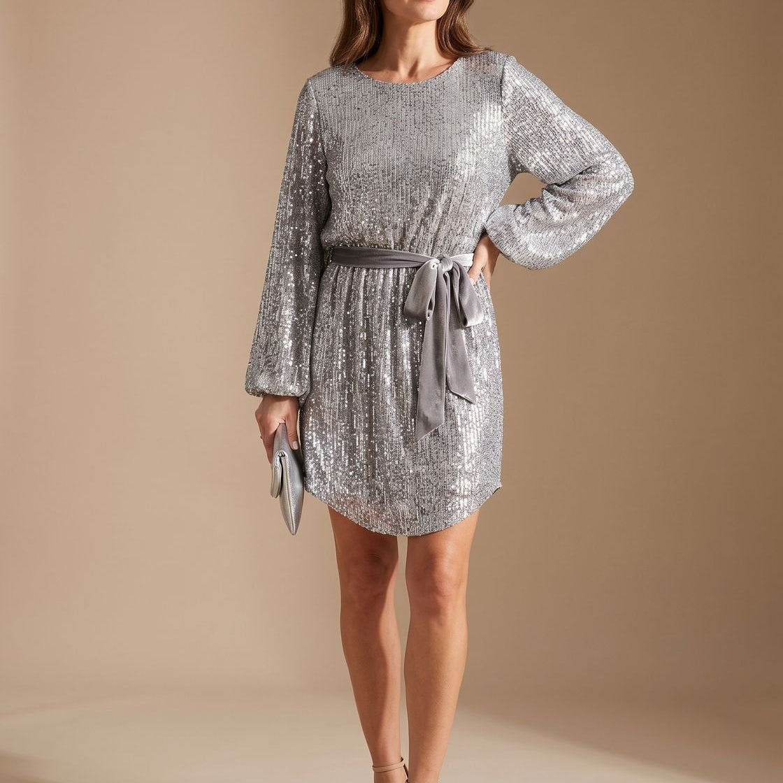 Women's Sequin Mini Dress with Balloon Sleeves and Tie Belt — view 1