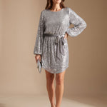 Women's Sequin Mini Dress with Balloon Sleeves and Tie Belt — view 1