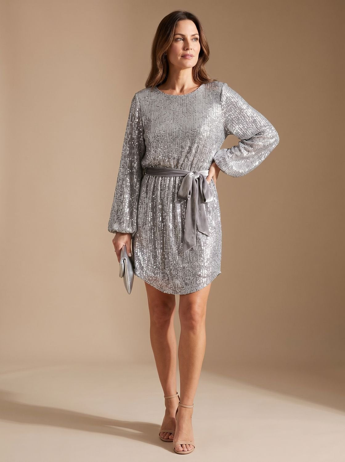 Women's Sequin Mini Dress with Balloon Sleeves and Tie Belt — view 1