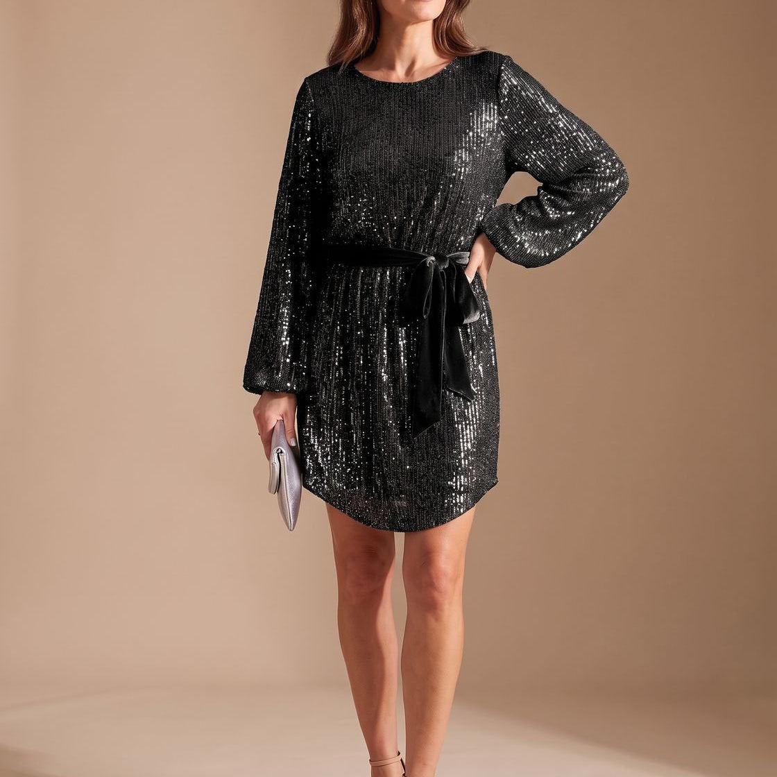 Women's Sequin Mini Dress with Balloon Sleeves and Tie Belt — view 2