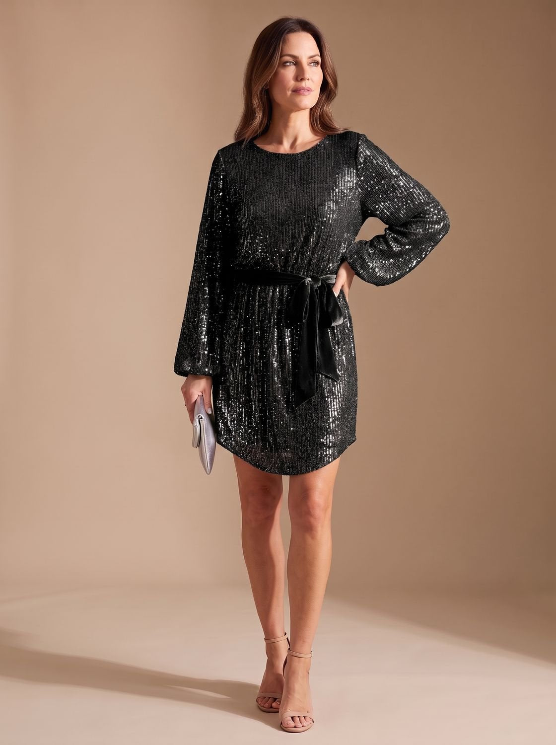 Women's Sequin Mini Dress with Balloon Sleeves and Tie Belt — view 2