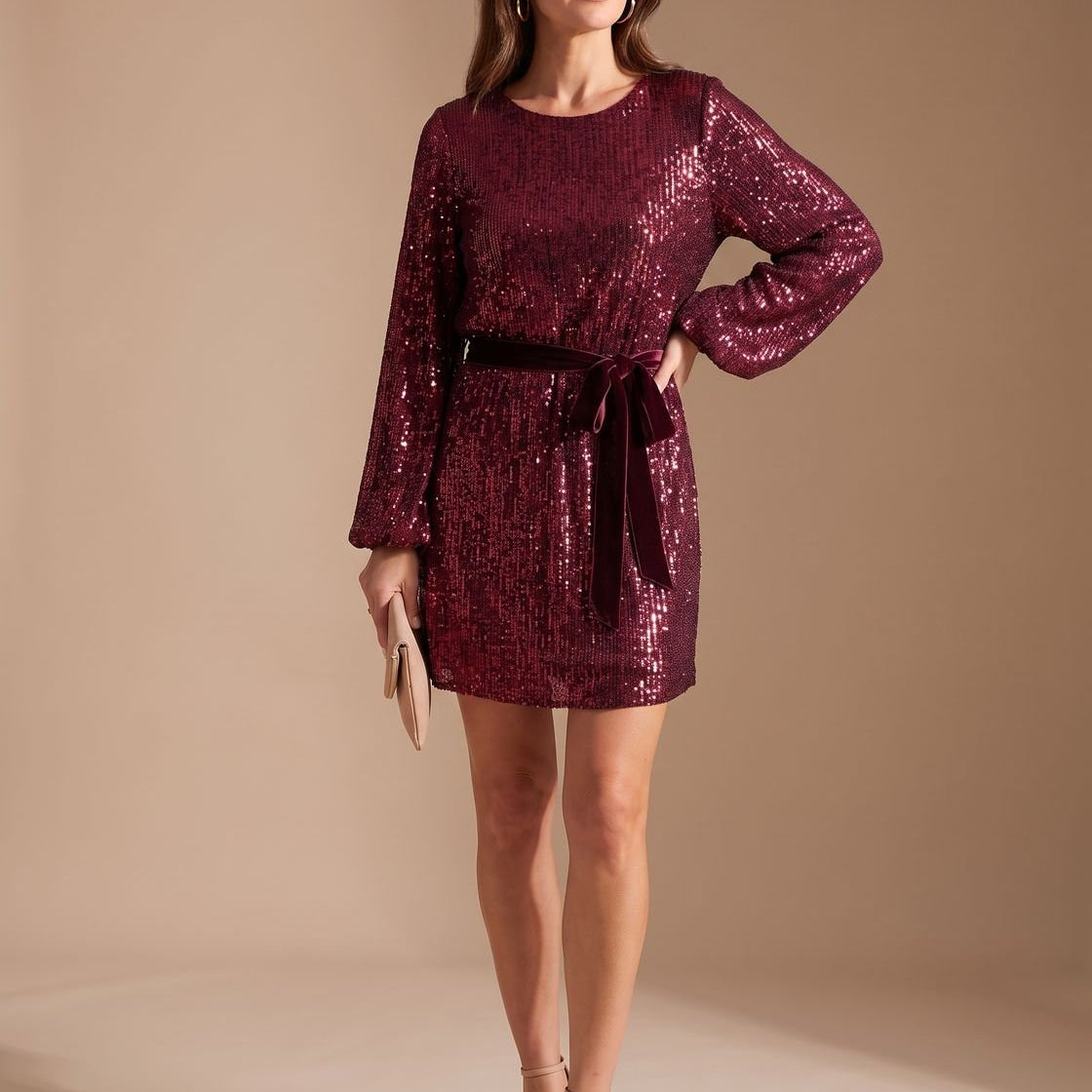 Women's Sequin Mini Dress with Balloon Sleeves and Tie Belt — view 3