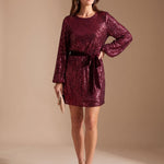 Women's Sequin Mini Dress with Balloon Sleeves and Tie Belt — view 3
