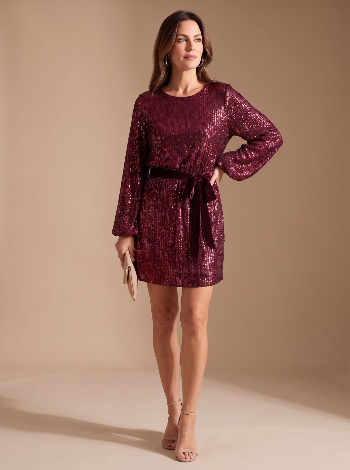Women's Sequin Mini Dress with Balloon Sleeves and Tie Belt — view 3