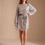Women's Sequin Mini Dress with Balloon Sleeves and Tie Belt — view 4