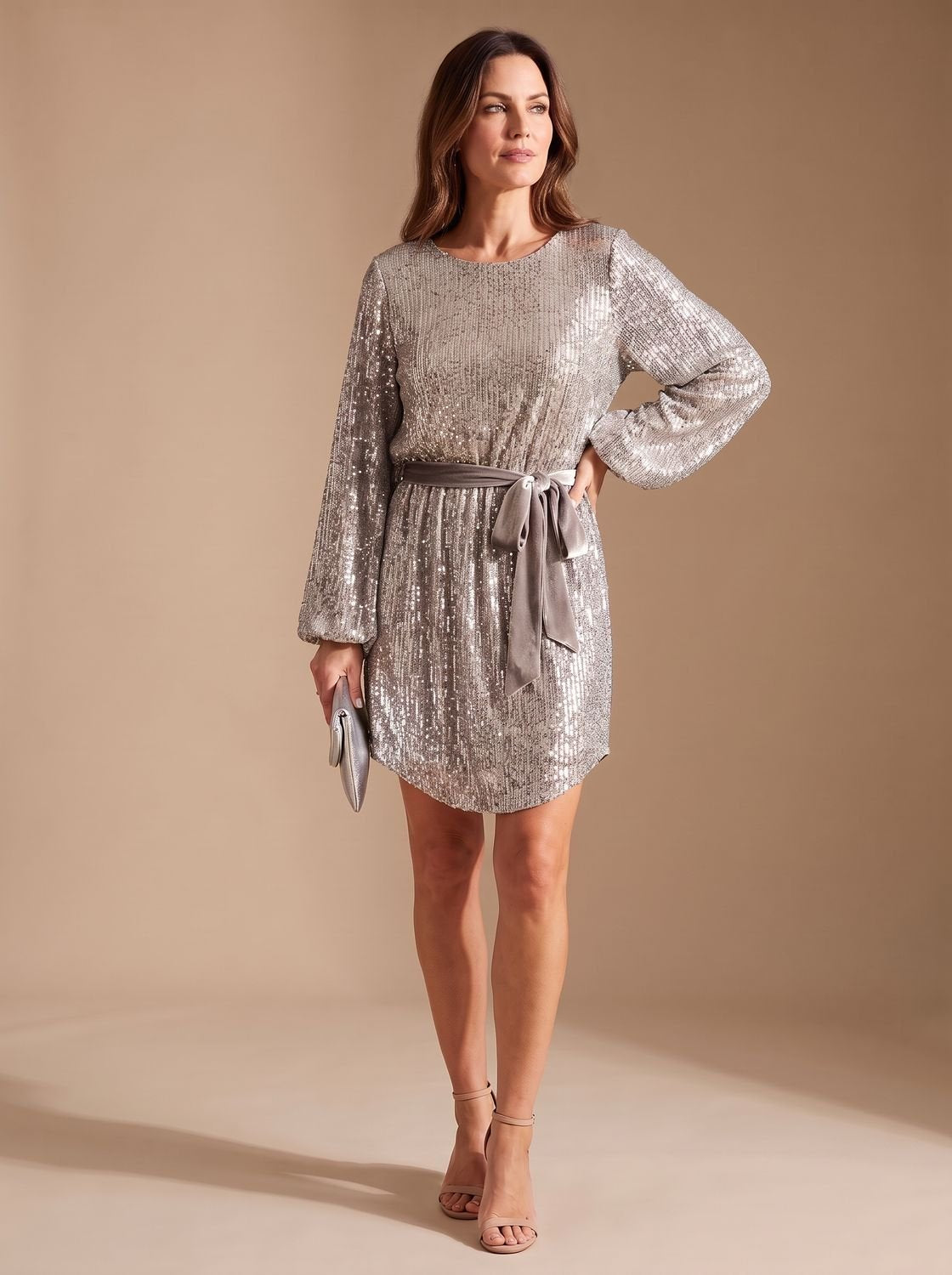 Women's Sequin Mini Dress with Balloon Sleeves and Tie Belt — view 4