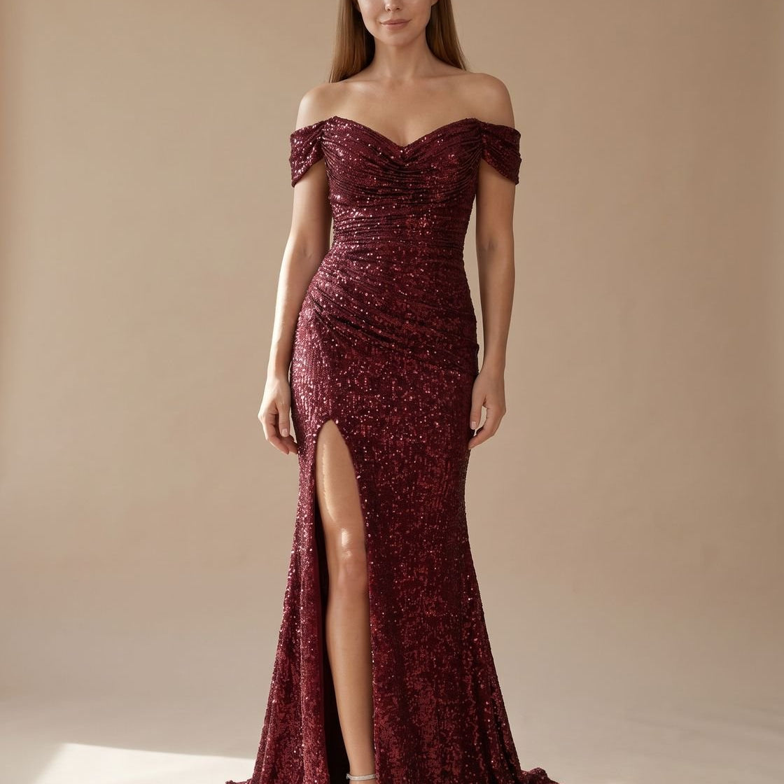 Off-Shoulder Sequin Maxi Dress with Side Slit — view 1