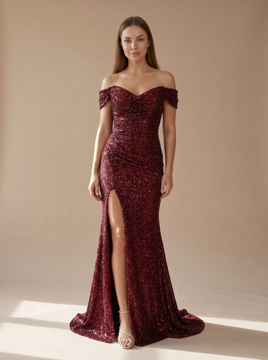Off-Shoulder Sequin Maxi Dress with Side Slit — view 1