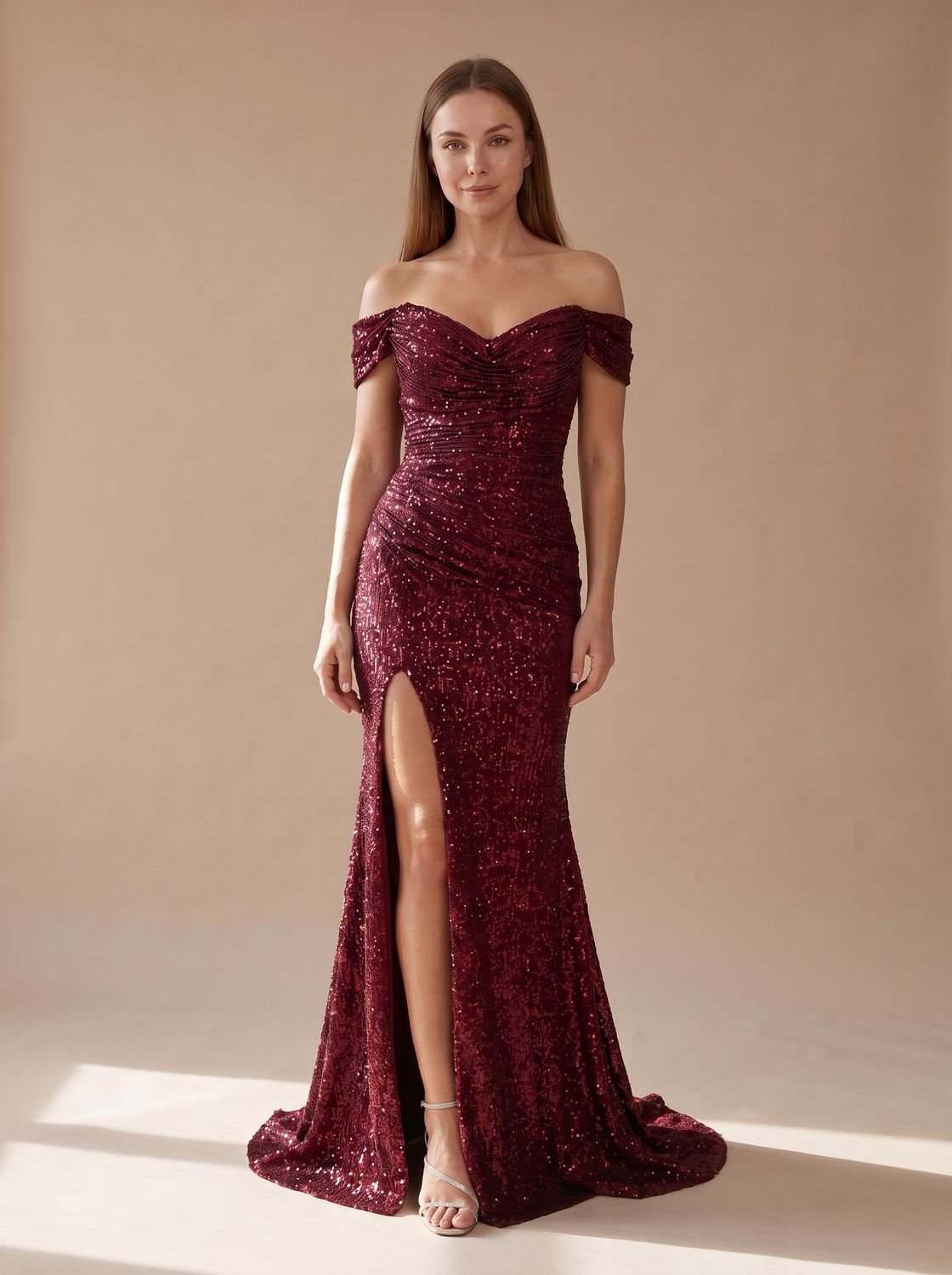 Off-Shoulder Sequin Maxi Dress with Side Slit — view 6