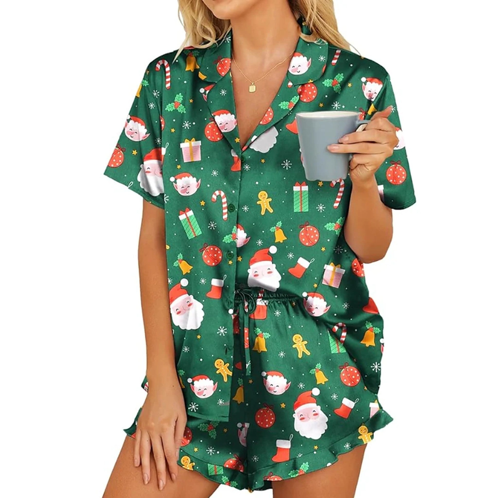 Women’s Christmas Satin-Effect Pyjama Set with Ruffled Shorts — view 1