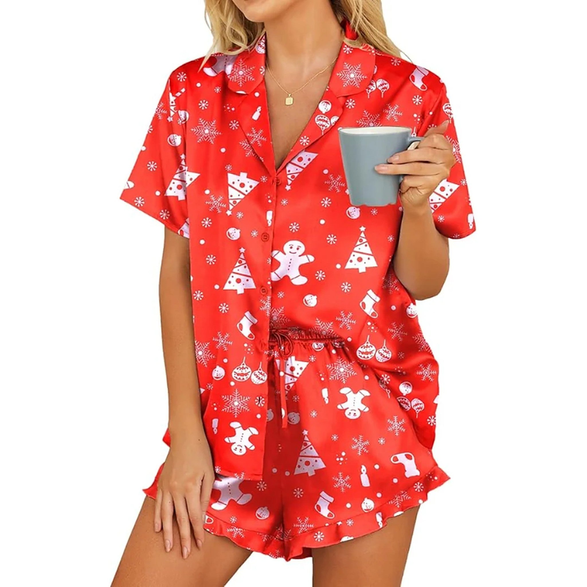 Women’s Christmas Satin-Effect Pyjama Set with Ruffled Shorts — view 2