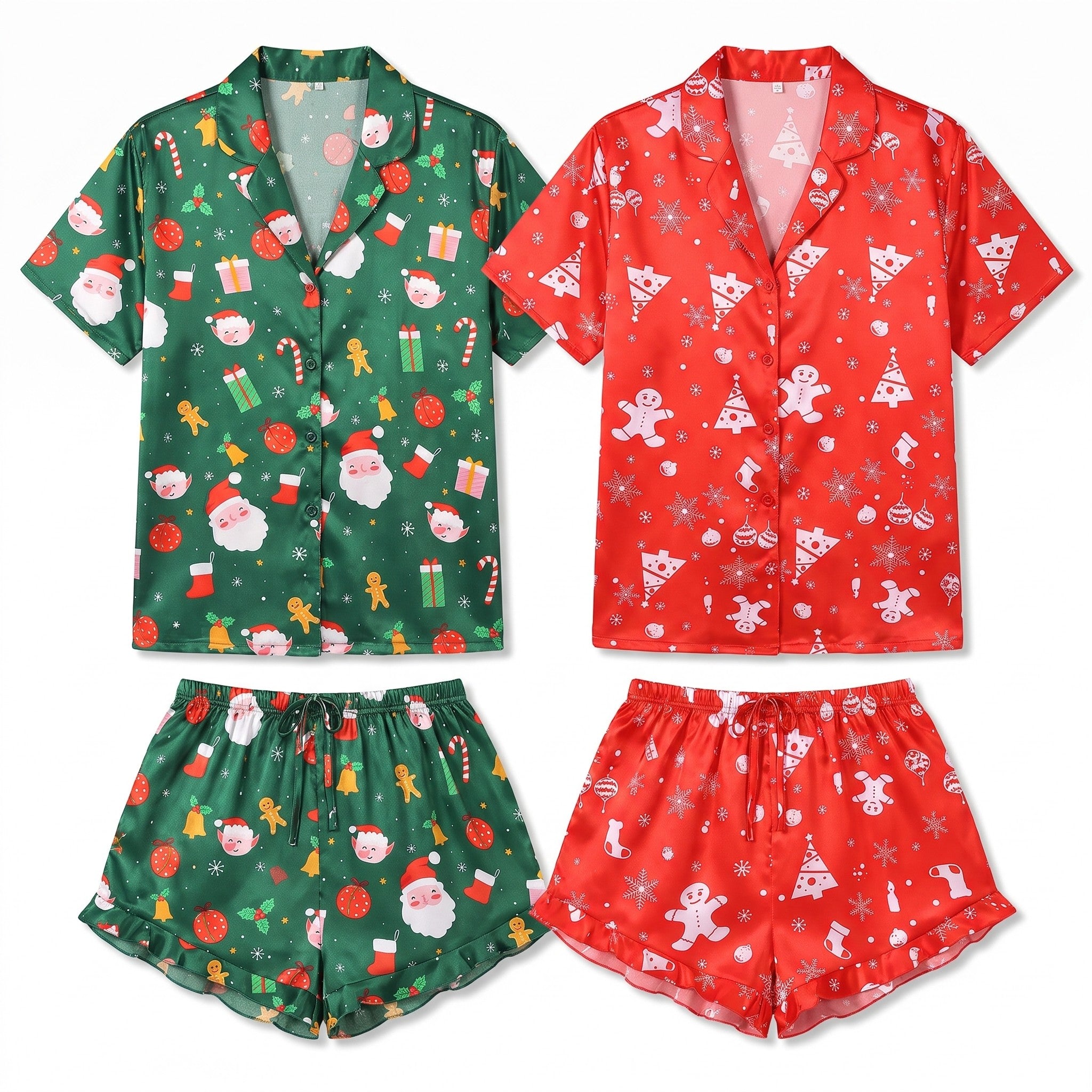 Women’s Christmas Satin-Effect Pyjama Set with Ruffled Shorts — view 3