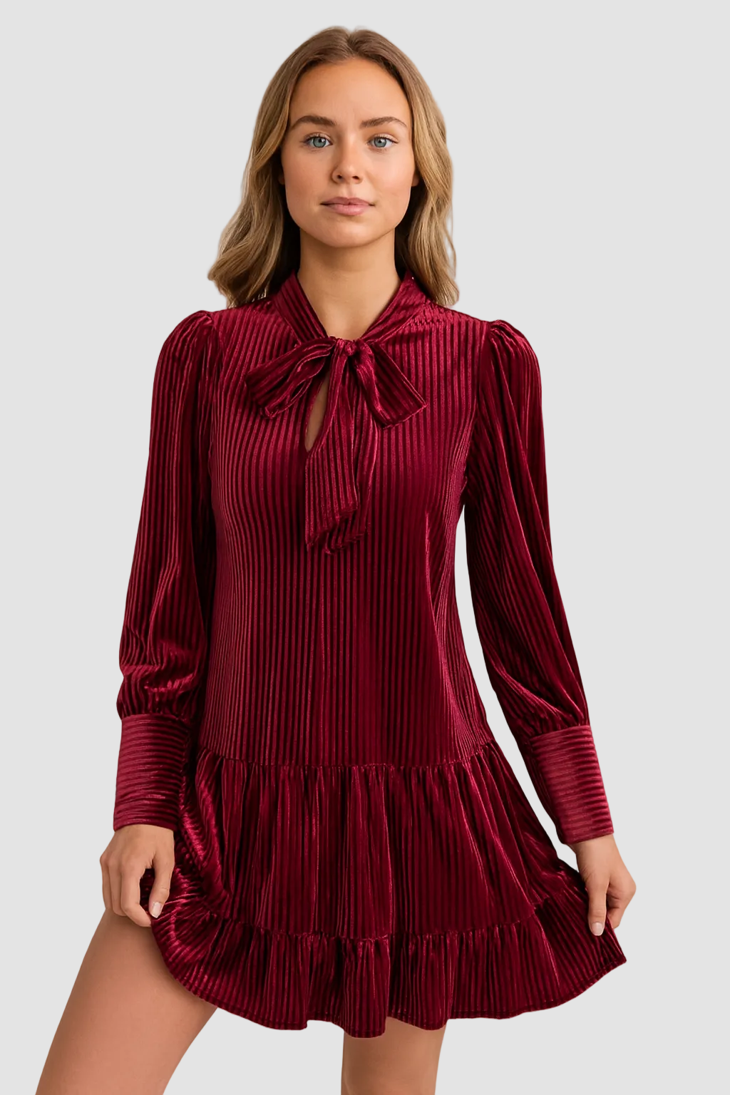 Women’s Velvet Mini Dress with Bow-Tie Neckline — view 2
