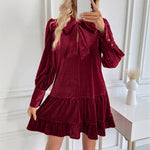 Women’s Velvet Mini Dress with Bow-Tie Neckline — view 4