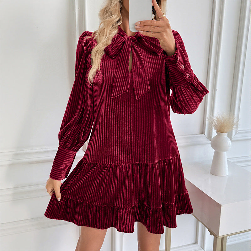Women’s Velvet Mini Dress with Bow-Tie Neckline — view 4
