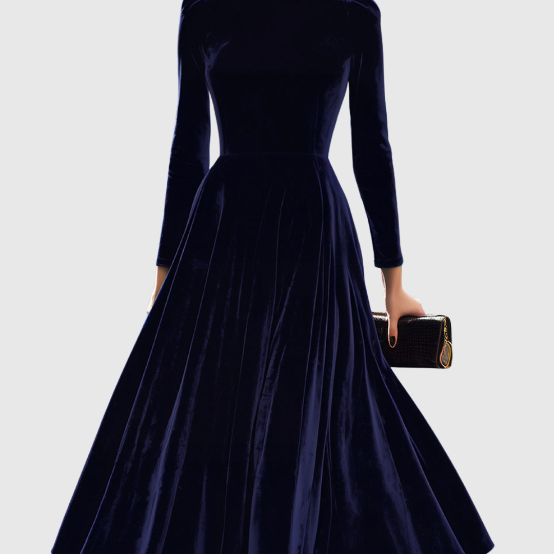 Women’s Navy Blue Velvet Midi Dress with Long Sleeves — view 1