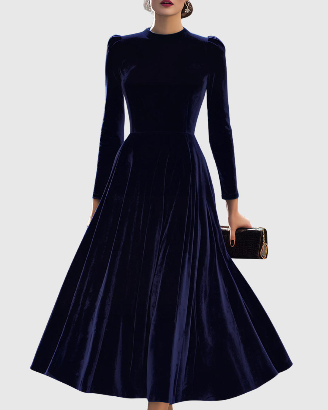 Women’s Navy Blue Velvet Midi Dress with Long Sleeves — view 1