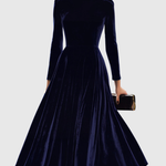 Women’s Navy Blue Velvet Midi Dress with Long Sleeves — view 1