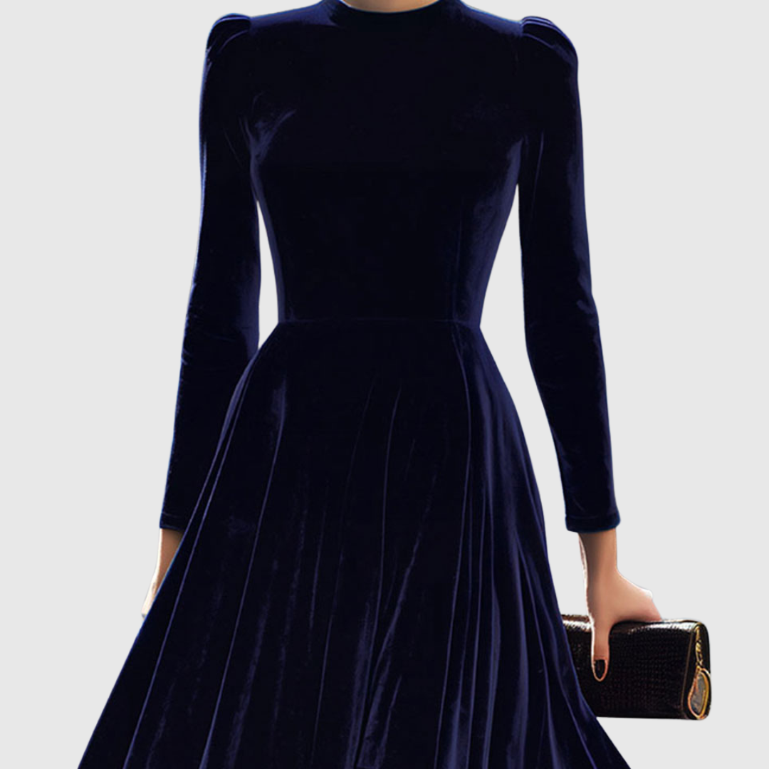 Women’s Navy Blue Velvet Midi Dress with Long Sleeves — view 2