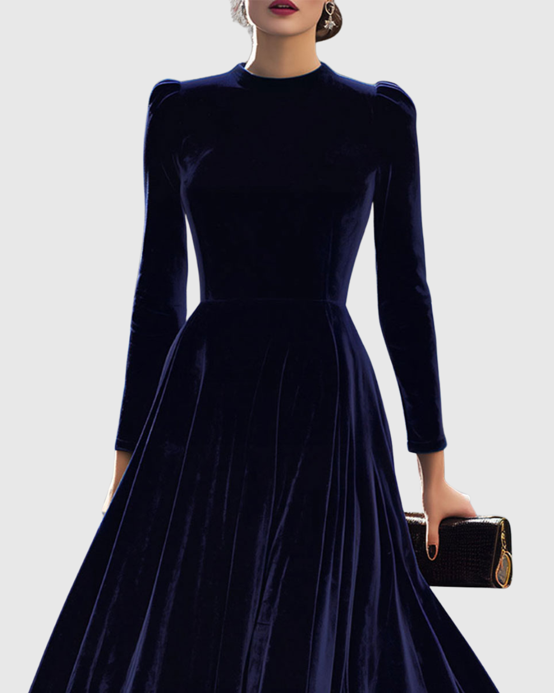 Women’s Navy Blue Velvet Midi Dress with Long Sleeves — view 2