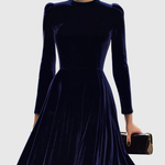 Women’s Navy Blue Velvet Midi Dress with Long Sleeves — view 2