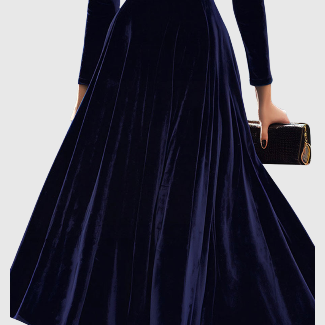 Women’s Navy Blue Velvet Midi Dress with Long Sleeves — view 3