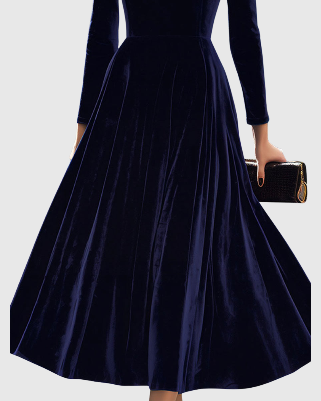 Women’s Navy Blue Velvet Midi Dress with Long Sleeves — view 3