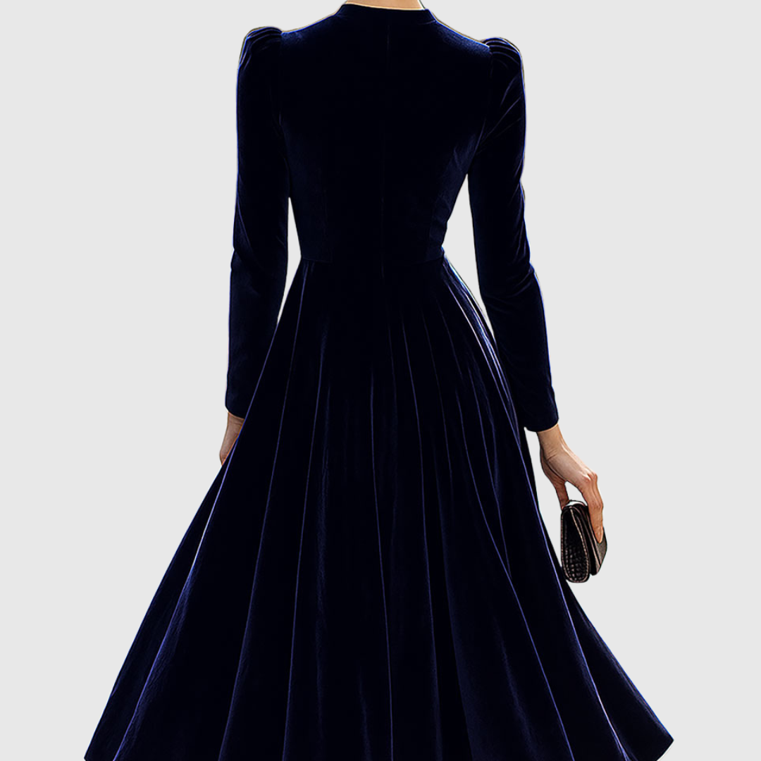 Women’s Navy Blue Velvet Midi Dress with Long Sleeves — view 4