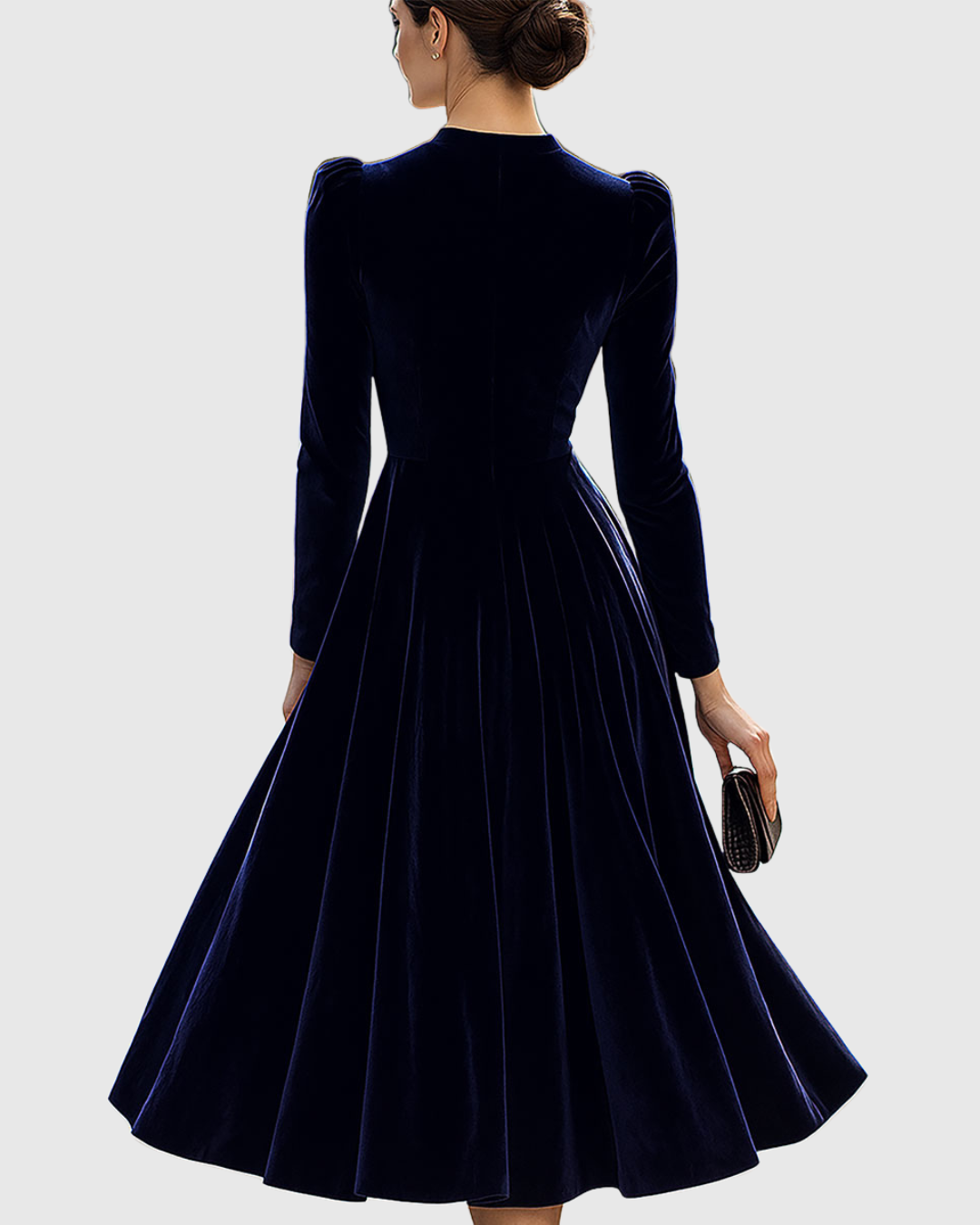 Women’s Navy Blue Velvet Midi Dress with Long Sleeves — view 4