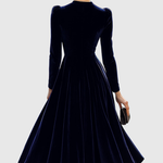 Women’s Navy Blue Velvet Midi Dress with Long Sleeves — view 4