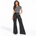 Women’s Black Printed Faux Leather Flared Cargo Trousers — view 1