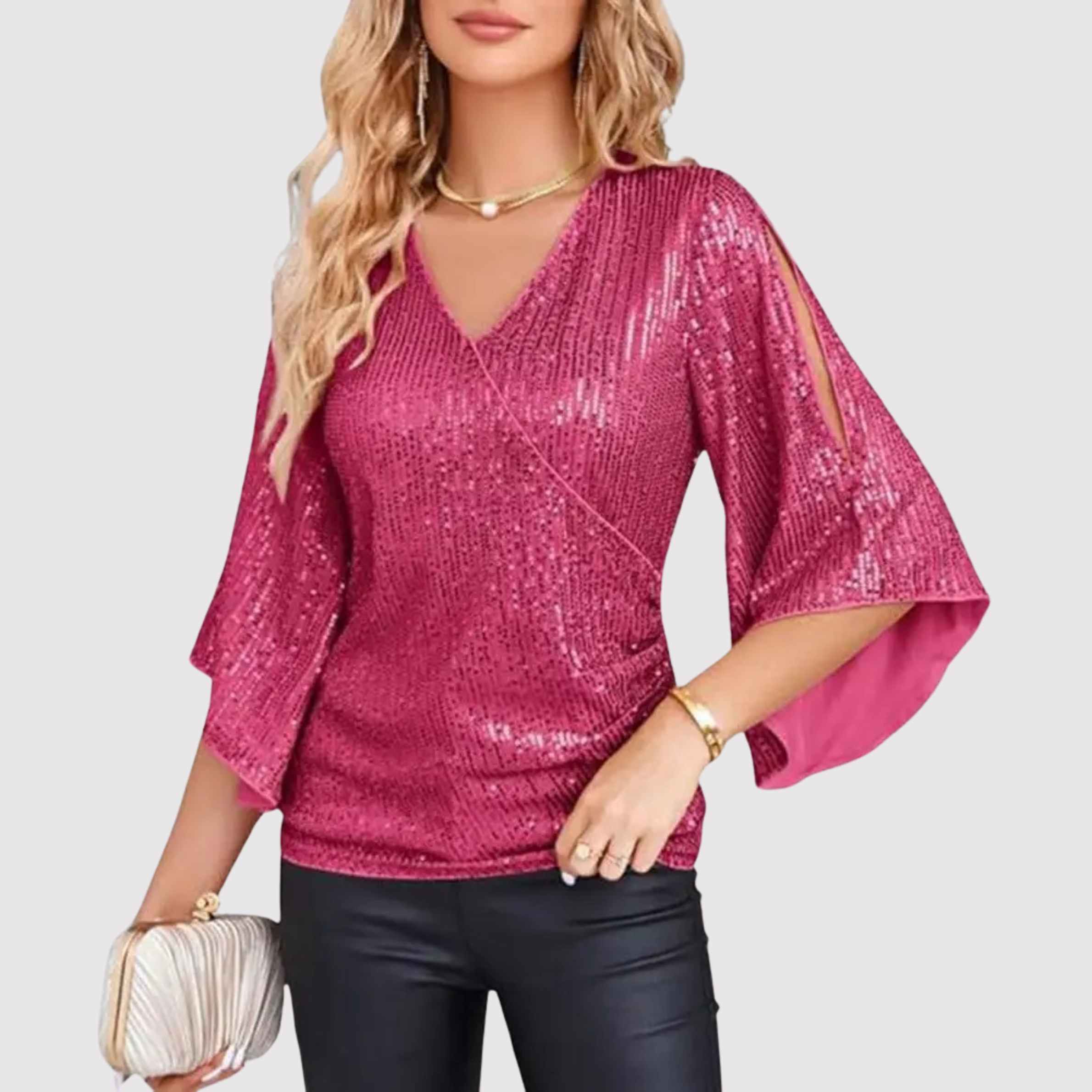 Women's Sequin Wrap Blouse with Split Flared Sleeves — view 1