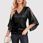 Women's Sequin Wrap Blouse with Split Flared Sleeves — view 2