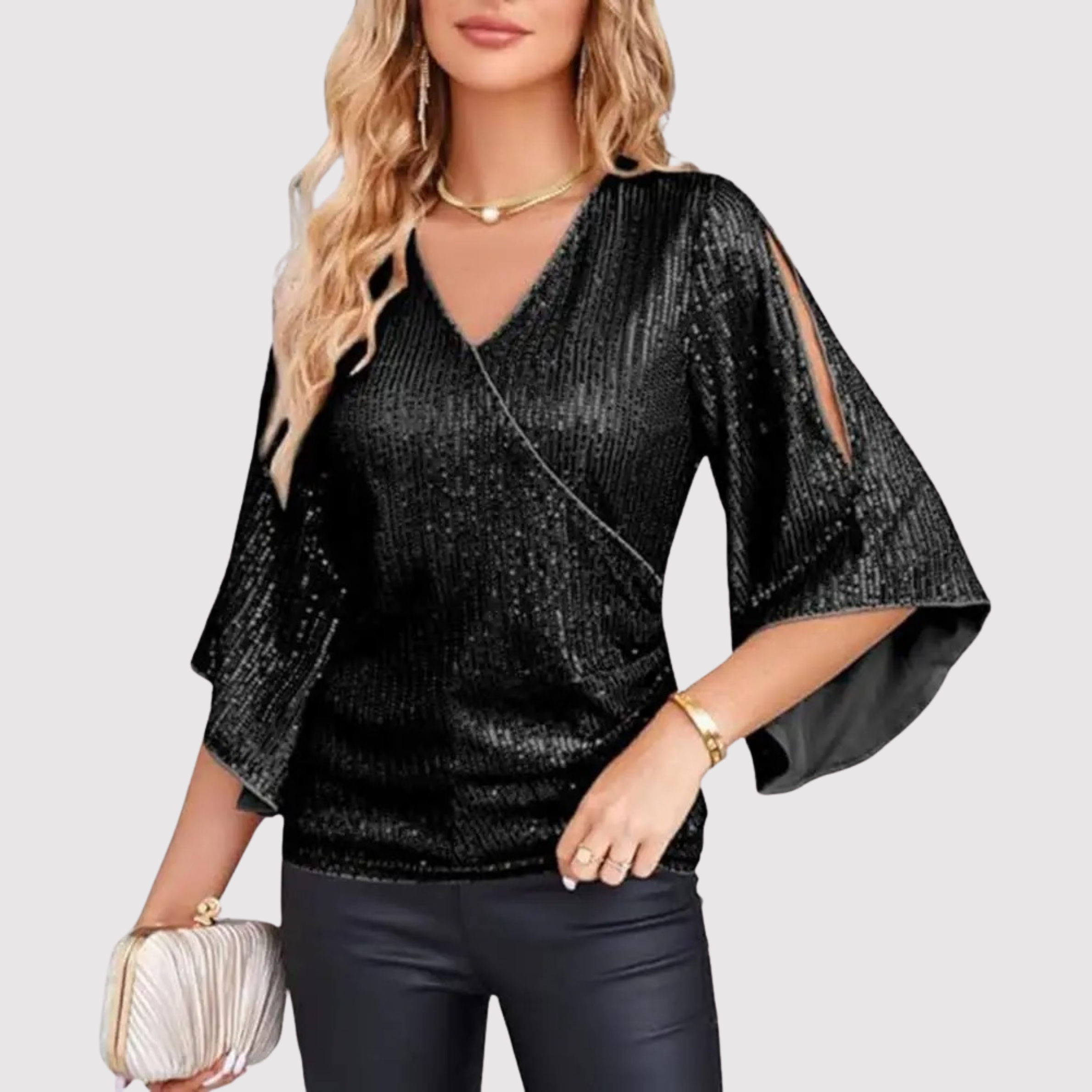 Women's Sequin Wrap Blouse with Split Flared Sleeves — view 2