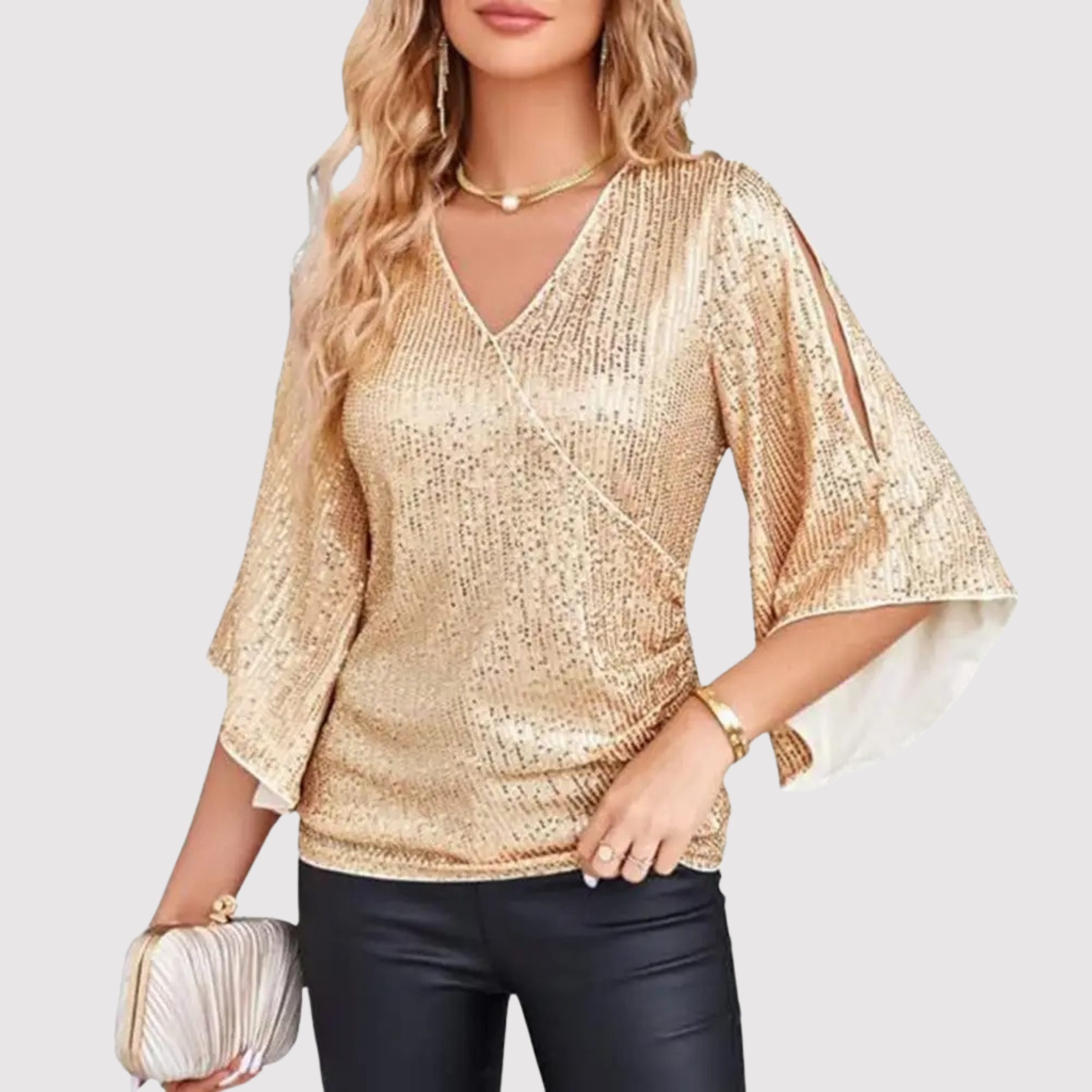 Women's Sequin Wrap Blouse with Split Flared Sleeves — view 3