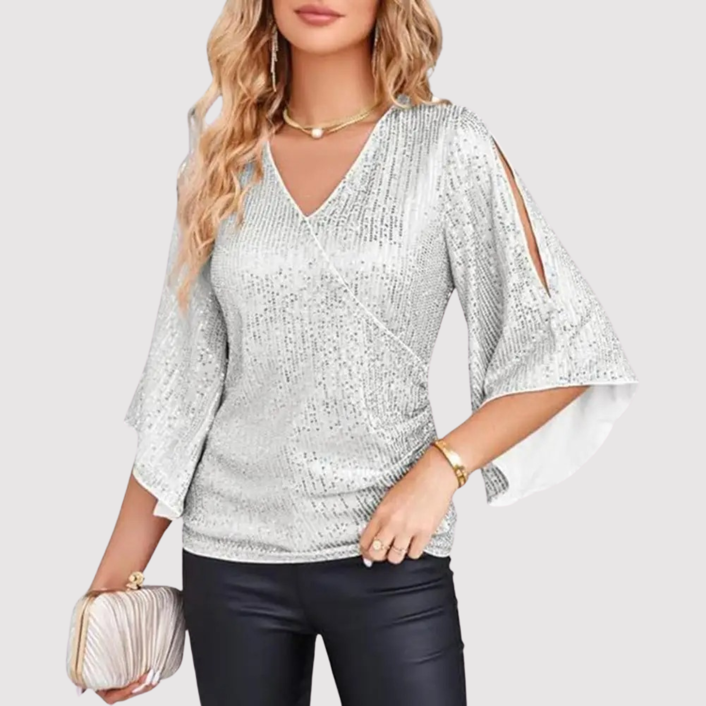 Women's Sequin Wrap Blouse with Split Flared Sleeves — view 4