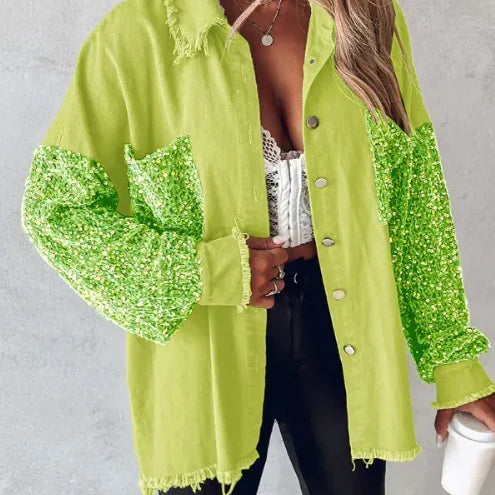 Women’s Sequin-Detail Overshirt Jacket with Frayed Edges — view 1