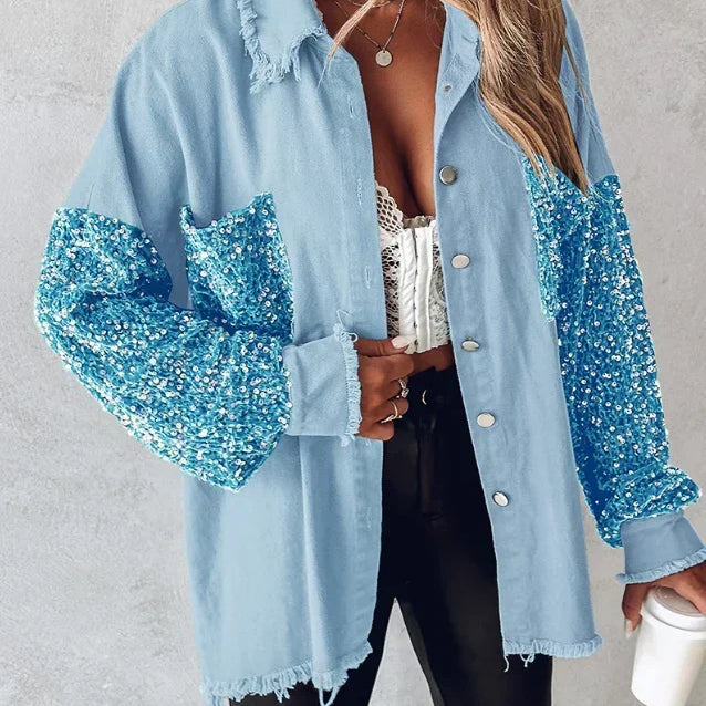 Women’s Sequin-Detail Overshirt Jacket with Frayed Edges — view 2